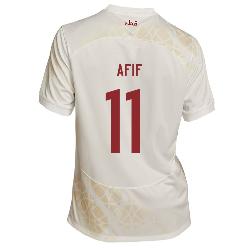 Barn Qatars Akram Afif #11 Gull Beige Bortetrøye Drakt Trøye 22-24 Skjorter T-skjorte