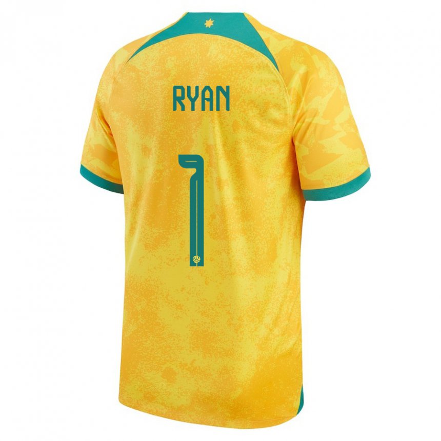 Mann Australias Mathew Ryan #1 Gylden Hjemmetrøye Drakt Trøye 22-24 Skjorter T-skjorte