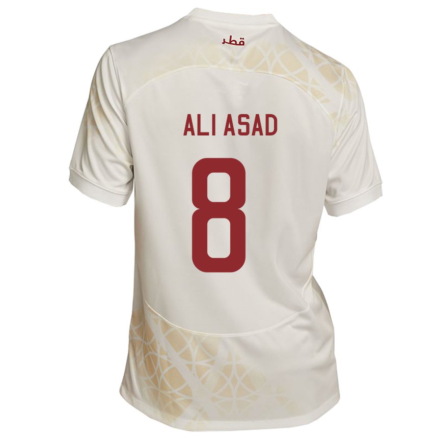 Mann Qatars Ali Asad #8 Gull Beige Bortetrøye Drakt Trøye 22-24 Skjorter T-skjorte