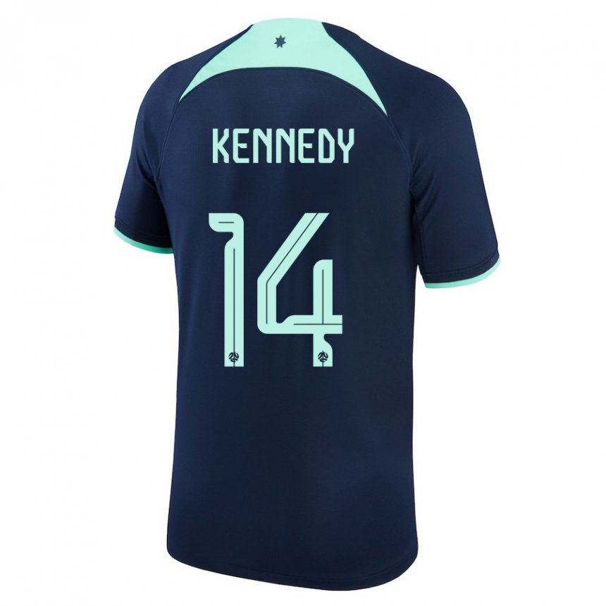 Mann Australias Alanna Kennedy #14 Mørke Blå Bortetrøye Drakt Trøye 22-24 Skjorter T-skjorte