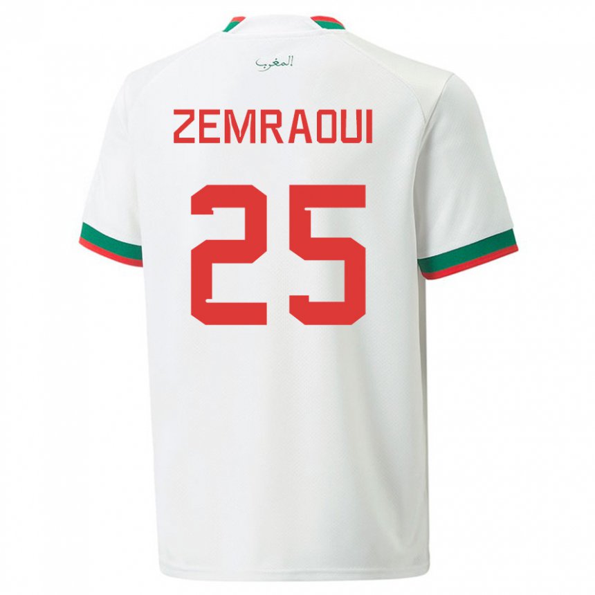 Mann Marokkos Oussama Zemraoui #25 Hvit Bortetrøye Drakt Trøye 22-24 Skjorter T-skjorte