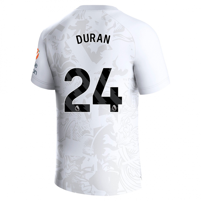 Mann Jhon Durán #24 Hvit Bortetrøye Drakt Trøye 2023/24 Skjorter T-Skjorte
