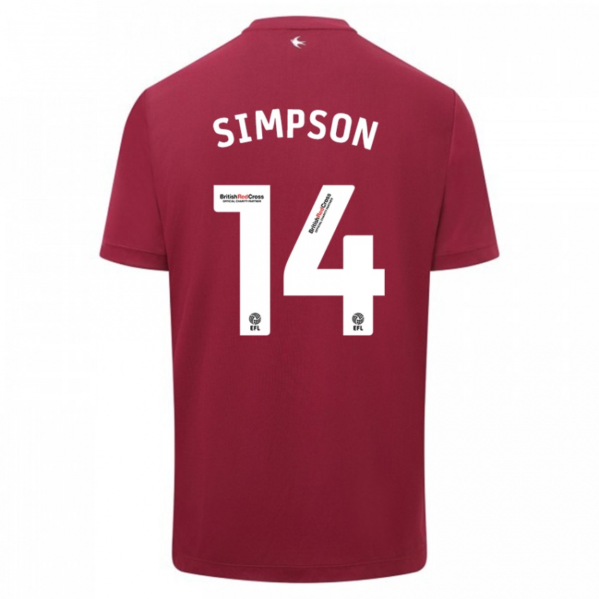 Dame Jasmine Simpson #14 Rød Bortetrøye Drakt Trøye 2023/24 Skjorter T-Skjorte