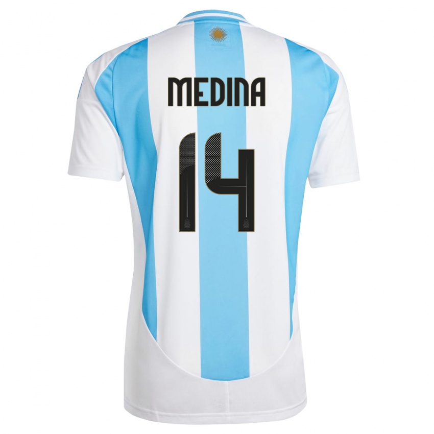 Barn Argentina Facundo Medina #14 Hvit Blå Hjemmetrøye Drakt Trøye 24-26 Skjorter T-Skjorte