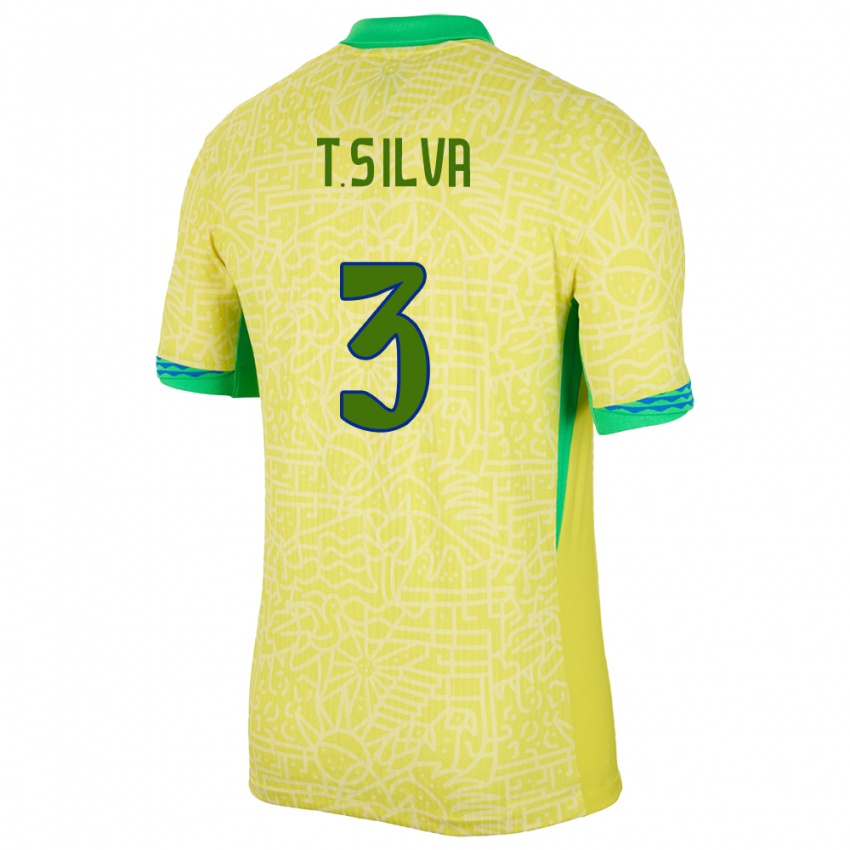 Barn Brasil Thiago Silva #3 Gul Hjemmetrøye Drakt Trøye 24-26 Skjorter T-Skjorte