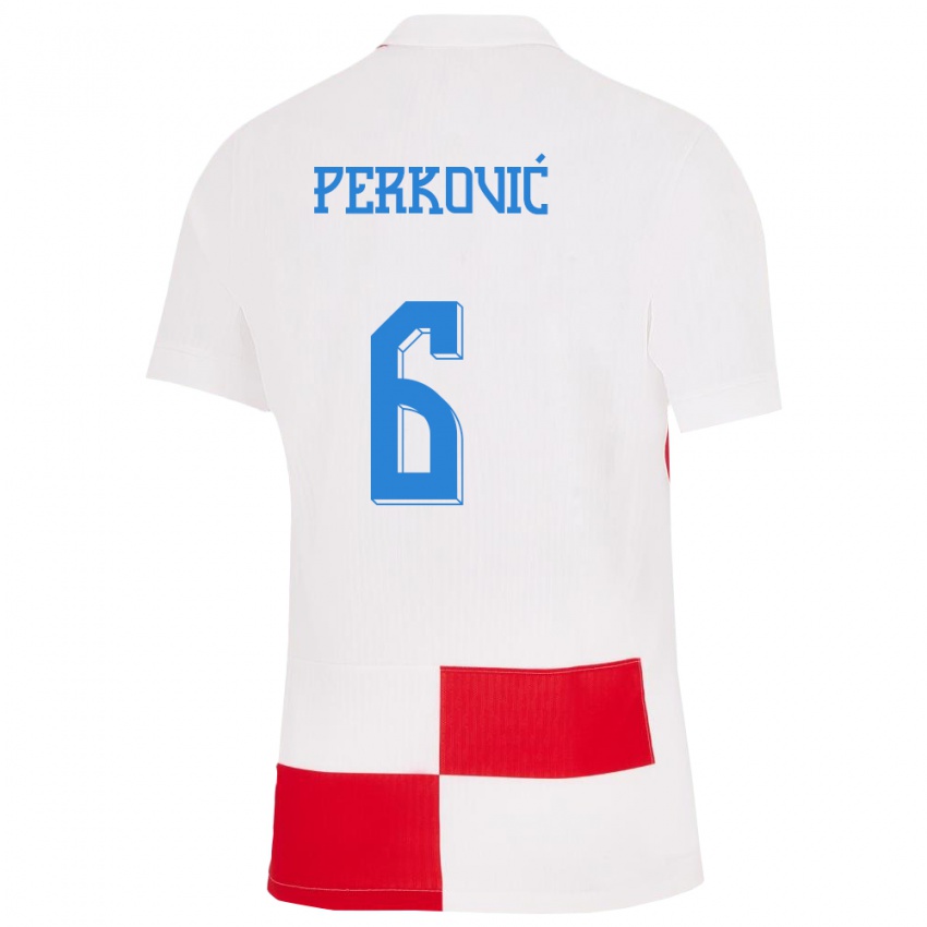 Barn Kroatia Mauro Perkovic #6 Hvit Rød Hjemmetrøye Drakt Trøye 24-26 Skjorter T-Skjorte