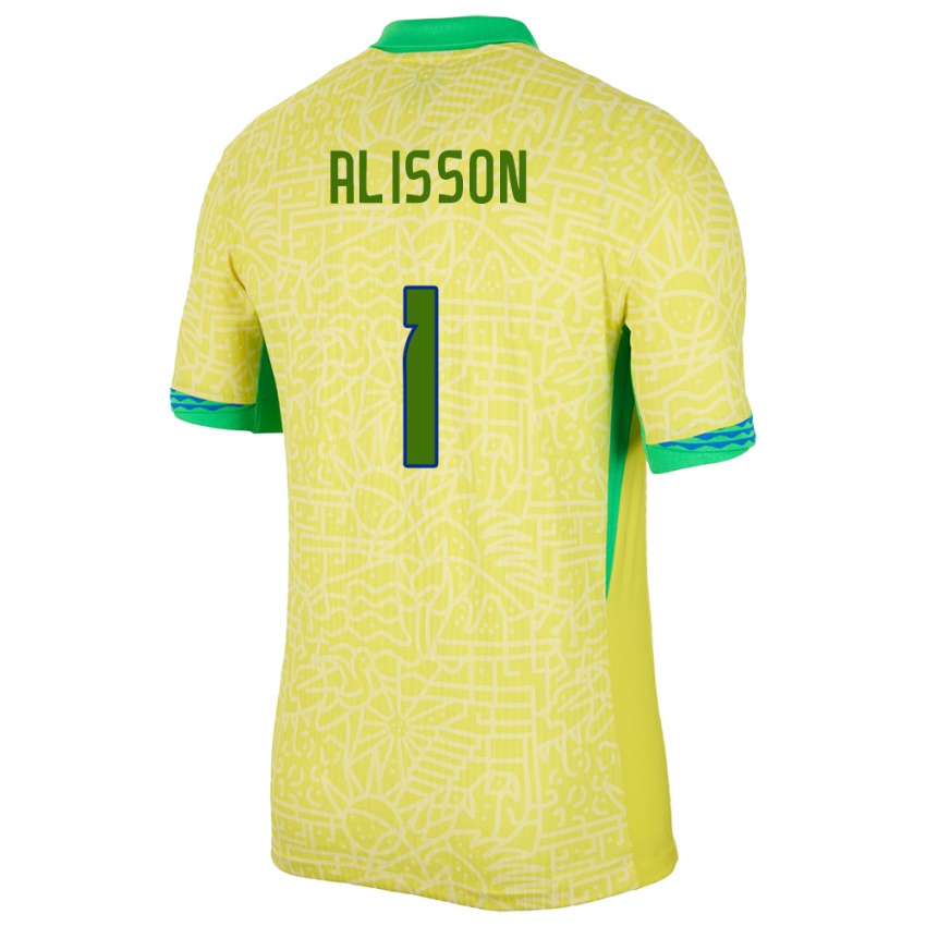 Mann Brasil Alisson #1 Gul Hjemmetrøye Drakt Trøye 24-26 Skjorter T-Skjorte