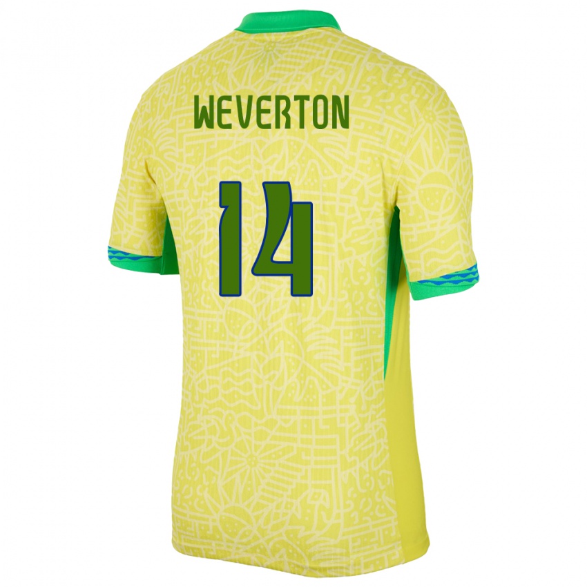 Mann Brasil Weverton #14 Gul Hjemmetrøye Drakt Trøye 24-26 Skjorter T-Skjorte
