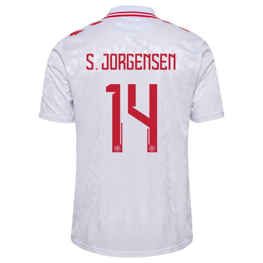 Mann Danmark Sebastian Jorgensen #14 Hvit Bortetrøye Drakt Trøye 24-26 Skjorter T-Skjorte