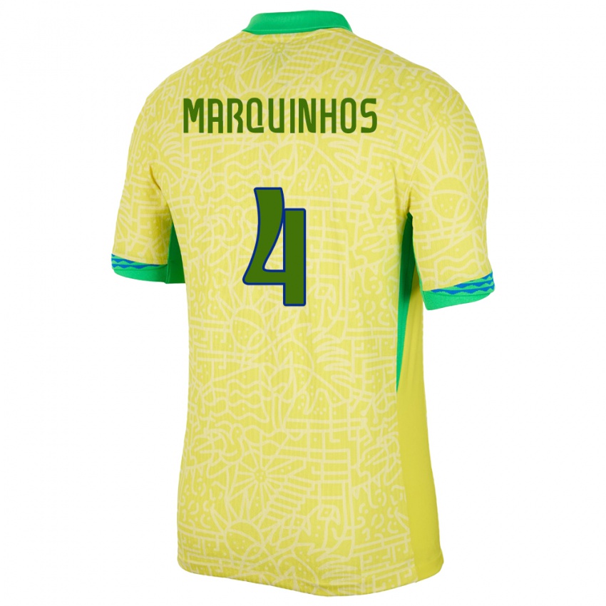Dame Brasil Marquinhos #4 Gul Hjemmetrøye Drakt Trøye 24-26 Skjorter T-Skjorte