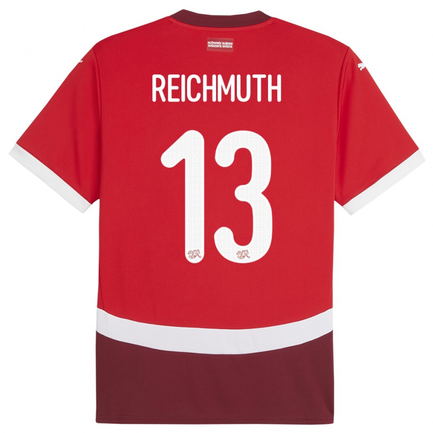 Dame Sveits Miguel Reichmuth #13 Rød Hjemmetrøye Drakt Trøye 24-26 Skjorter T-Skjorte
