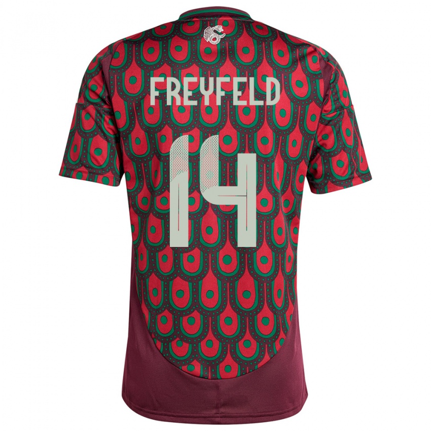 Dame Mexico Emiliano Freyfeld #14 Rødbrun Hjemmetrøye Drakt Trøye 24-26 Skjorter T-Skjorte