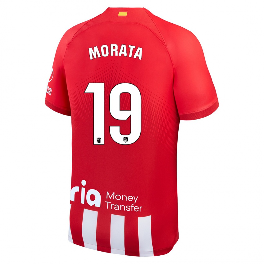 Barn Alvaro Morata #19 Rød Hvit Hjemmetrøye Drakt Trøye 2023/24 Skjorter T-Skjorte
