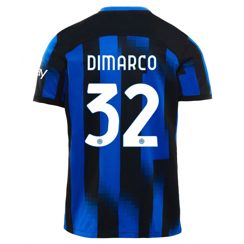 Barn Federico Dimarco #32 Svart Blå Hjemmetrøye Drakt Trøye 2023/24 Skjorter T-Skjorte