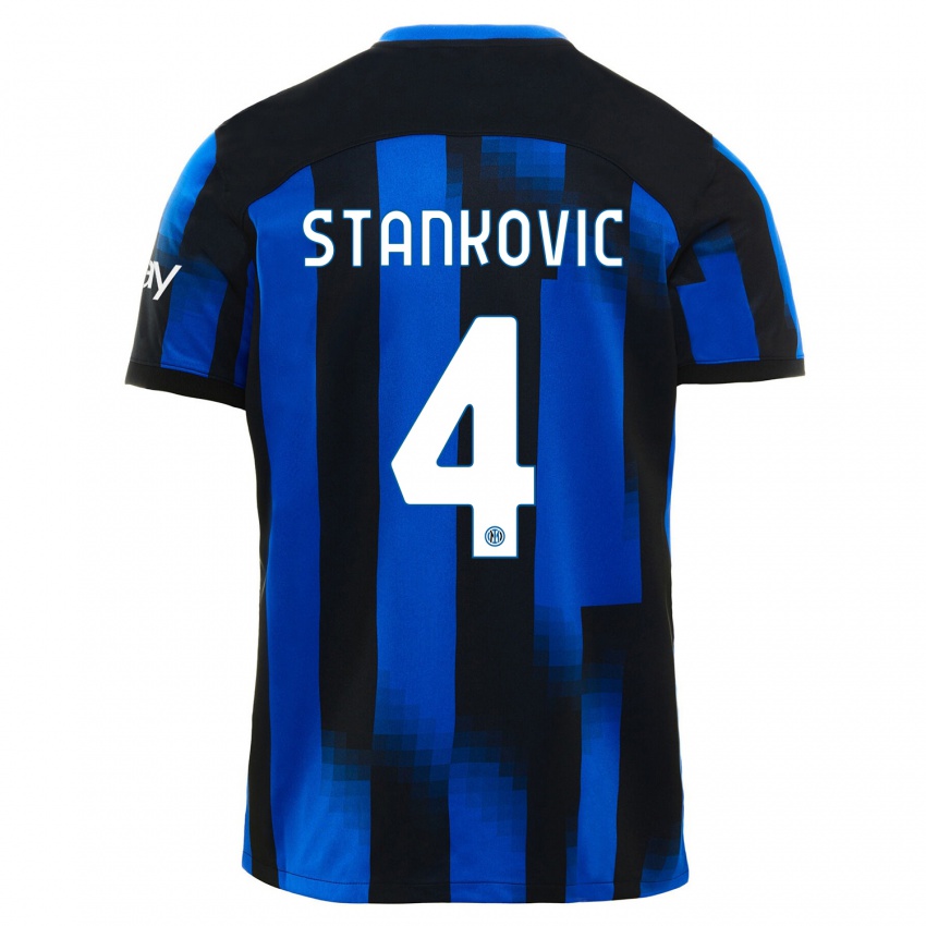 Mann Aleksandar Stankovic #4 Svart Blå Hjemmetrøye Drakt Trøye 2023/24 Skjorter T-Skjorte