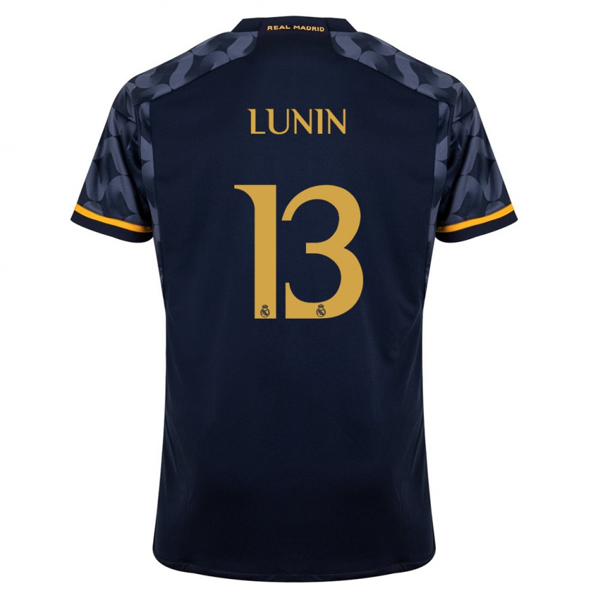 Mann Andriy Lunin #13 Mørke Blå Bortetrøye Drakt Trøye 2023/24 Skjorter T-Skjorte
