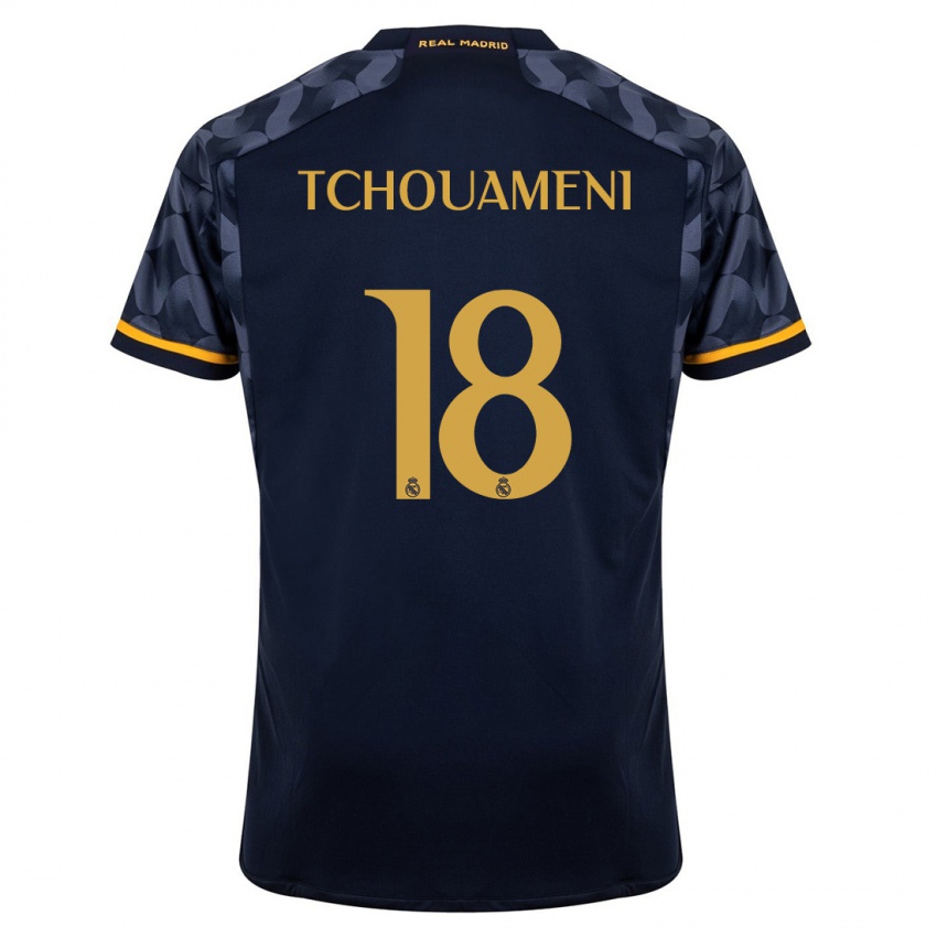 Mann Aurelien Tchouameni #18 Mørke Blå Bortetrøye Drakt Trøye 2023/24 Skjorter T-Skjorte