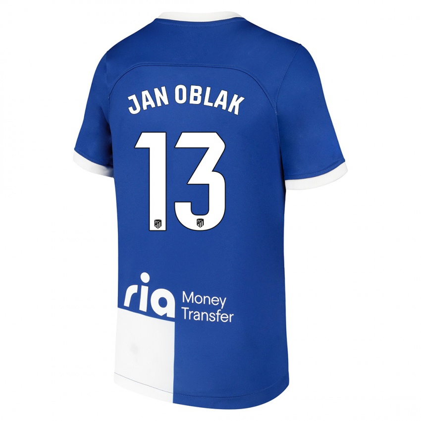 Mann Jan Oblak #13 Blå Hvit Bortetrøye Drakt Trøye 2023/24 Skjorter T-Skjorte
